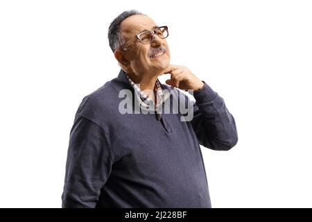 Mature man itching his neck isolated on white background Stock Photo