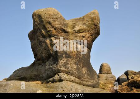 The Woolpacks, Kinder Scout, Derbyshire, some amazing boulders shaped naturally by the wind and the rain into amazing shapes, Looks like a whale tail. Stock Photo