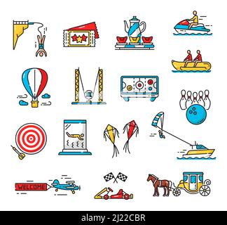 Amusement park playground and funfair extreme activity carousels, vector color outline icons. Amusement park rides and water attractions, bungee jumping, karting or parasailing and banana boat Stock Vector