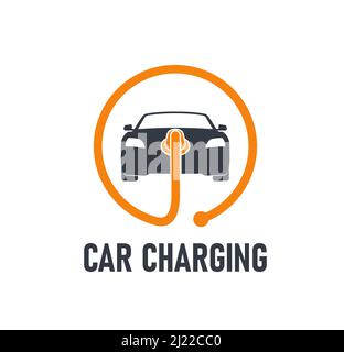 Electric car charging station icon with battery charger plug, vector vehicle charge sign. EV hybrid and electric car charging station or electro power recharge point symbol with orange cable Stock Vector