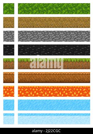 Cubic pixel game level surfaces of water, ice and ground, stone and grass, 8 bit vector. Sand, lava magma and coal or granite blocks of 8 bit pixel cubic for arcade game platforms and level background Stock Vector