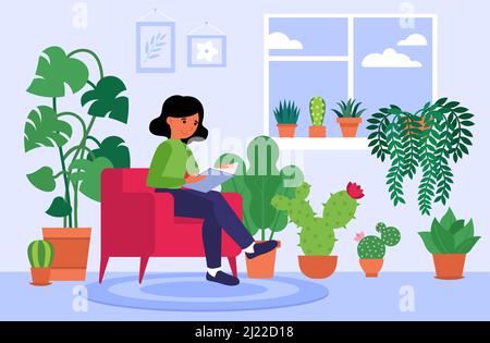 Woman reading book at home among houseplants. Person decorating interior with cute home garden, growing potted plants. Vector illustration for hygge, Stock Vector