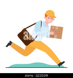 Young courier running with cardboard box. Parcel, express, post flat vector illustration. Delivery service and shipping concept for banner, website de Stock Vector