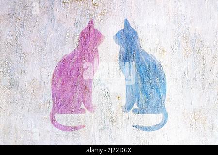 Vintage picture with white background. White paint on canvas is flaking and forming cracks. Silhouettes of 2 painted cats in pink and turquoise form a Stock Photo