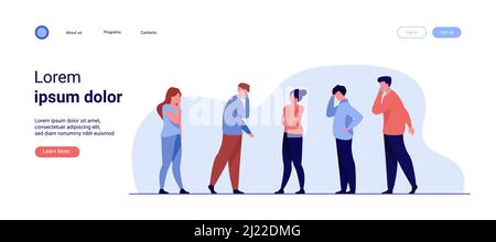 Group of sick people suffering from flu symptoms. Men and women feeling headache, sneezing, applying handkerchief to noses. Vector illustration for he Stock Vector