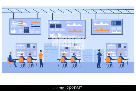 Big data control center. Stock market brokers analyzing financial graphs on screens. Data security engineers using computers and diagrams. For trading Stock Vector