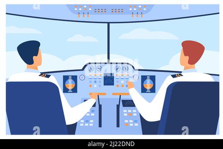 Aviation and flight concept. Airplane pilots and copilot navigating plane from cabin. Airplane crew at control panel. Vector illustration for travel, Stock Vector