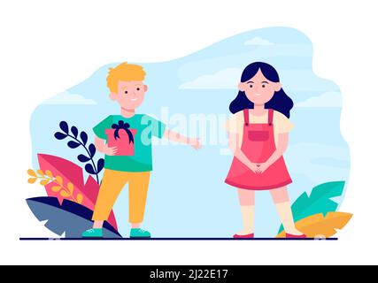 Boy giving gift to girl. Couple of children playing date flat vector illustration. Role play, childhood, friendship concept for banner, website design Stock Vector