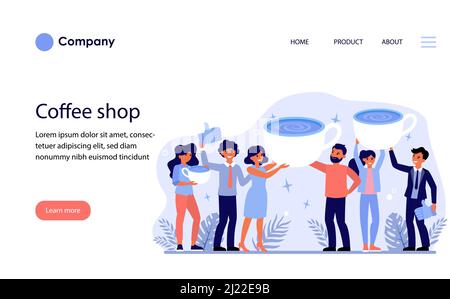 Happy coffee shop customers. People holding espresso cups, mug, black coffee flat vector illustration. Morning, cafe, drink concept for banner, websit Stock Vector
