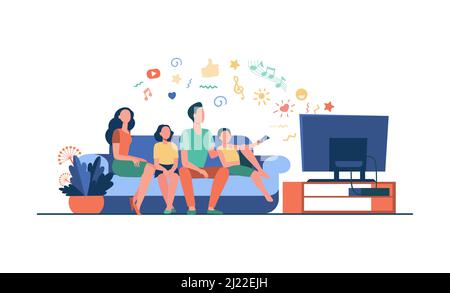 Cartoon happy family watching television together isolated flat vector illustration. Mother, father and kids relaxing on couch at home. Technology, li Stock Vector