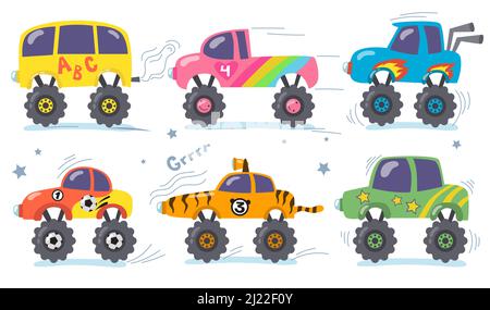 Cartoon monster trucks set. Childish retro heavy transport with big wheels. Vector illustrations for children toys, racing, funny cars, robotics conce Stock Vector