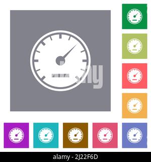 Speedometer solid flat icons on simple color square backgrounds Stock Vector