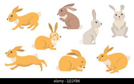 Cartoon rabbits set. Furry hares of different colors, cute Easter bunnies standing, sitting, running, jumping, sleeping. Vector illustration for farmi Stock Vector