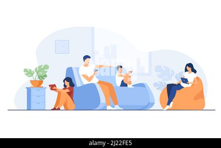 Cartoon family sitting at home with gadgets isolated flat vector illustration. Mom, dad, kids or with children phones and tablets. Lifestyle, problem Stock Vector