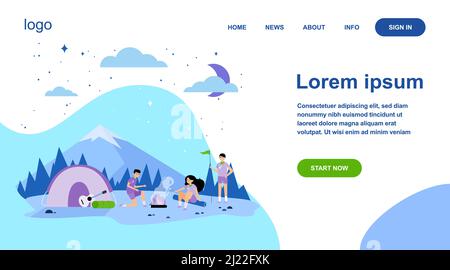Children at campfire in mountain forest flat vector illustration. Cartoon scouts camping, sitting near fire and frying marshmallow. Adventure and summ Stock Vector