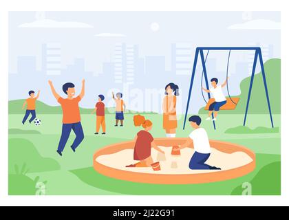 Children on playground concept. Happy kids swinging, kicking soccer ball, playing in sandbox. Boys and girls enjoying leisure time outdoors. Can be us Stock Vector