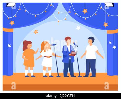 Children performing at school party or concert. Band of boys and girls singing with microphones on school theater stage. Vector illustration for kids Stock Vector
