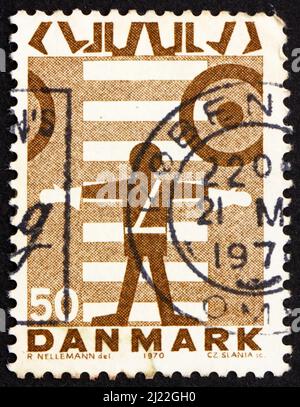 DENMARK - CIRCA 1970: a stamp printed in the Denmark shows School Safety Patrol, pedestrian crossing, road safety, circa 1970 Stock Photo