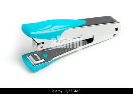 Stapler and metal staple concept over white background. Stock Photo