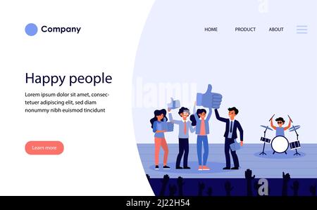 Happy people on stage showing likes. Winners, show, thumb up flat vector illustration. Draw game win, entertainment concept for banner, website design Stock Vector