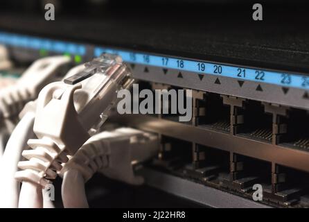 Detail of a network cable disconnected from a hub inside a telecommunications cabinet Stock Photo