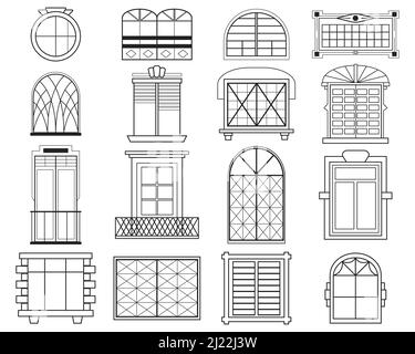 Different silhouettes of window frames flat icon set. Decorative vintage and modern window arches vector illustration collection. Architecture and con Stock Vector