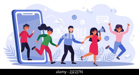 Customers earning money by giving likes, sharing information about referrals. People with thumbs up shouting at megaphone. Vector illustration for ref Stock Vector