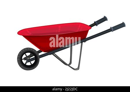 Wheelbarrow isolated on white background. Garden wheelbarrow icon. Red barrow side view. Handcart with wheel. Empty wheelbarrow. Vector illustration Stock Vector
