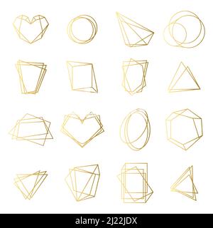 Golden frames set. Irregular geometric shapes with gold contours, elegant borders, abstract 3D circles, hexagons, triangles. Isolated vector illustrat Stock Vector