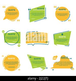 Different quote remark frames flat icon set. Geometric quotation textboxes for blog or chat vector illustration collection. Abstract design and templa Stock Vector