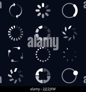 Different round loaders flat icon set. White upload website symbols on black background vector illustration collection. Technology and user interface Stock Vector