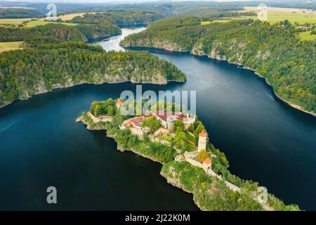 Panoramic view of Zvikov Castle on the hill surrounded by river Vltava and Otava in South Bohemia region in Czech Republic. Stock Photo