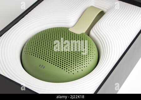 Portable Bluetooth speaker in box. Stock Photo