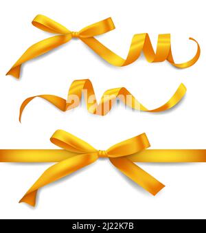 Realistic golden ribbons set with bows, decoration for gift boxes, design element Stock Vector