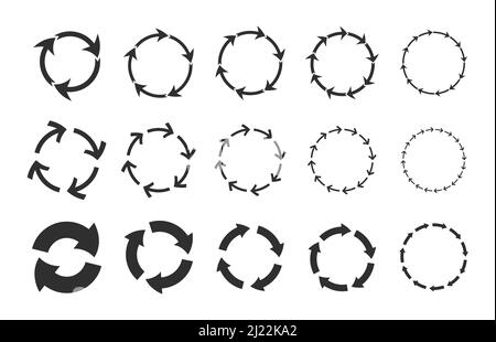 Recycling circular arrows set. Cycling circles, reload symbols, graphic monochrome round loop shapes. Vector illustrations for rotation, loading conce Stock Vector