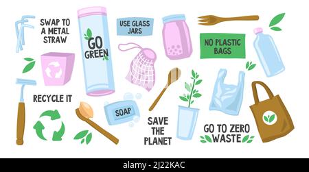 Various reusable eco bags and bottles set. Linear reusing straws, toothbrush, cans, soap vector illustration collection. Ecology, zero waste and recyc Stock Vector