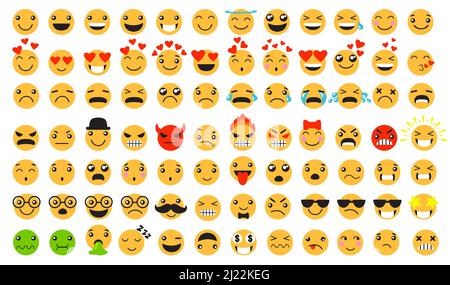 Sad and happy emoticons set. Smiling, laughing, crying, angry, furious, unhappy, smart cartoon yellow faces. Can be used for emotion expressions, onli Stock Vector