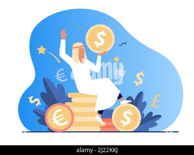 Arabian man sitting on pile of gold coins. Dollar, cash, money flat vector illustration. Finance and wealth concept for banner, website design or land Stock Vector