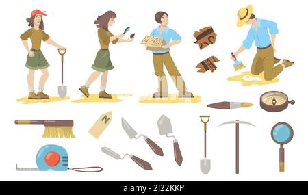 Archeological tools set. Archeologist and paleontologist using shovels, trowels, brushes, compass for finding historical artifacts. Vector illustratio Stock Vector
