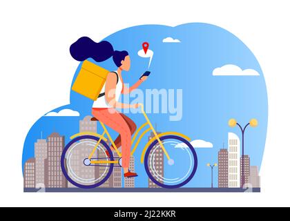 Courier riding bike and checking address on phone. Woman delivering order, using cell with map flat vector illustration. Delivery service concept for Stock Vector