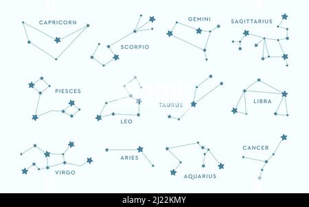 Various zodiac signs flat icon set. Horoscope constellations of Pisces, Scorpio, Taurus, Virgo, Capricorn vector illustration collection. Sky map and Stock Vector