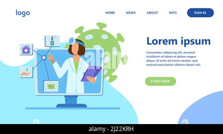 Physician giving recommendation for quarantine. Coronavirus, pandemic, mask flat vector illustration. Medicine and healthcare concept for banner, webs Stock Vector