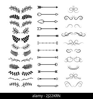 Various floral decorative text dividers set. Vintage hand drawn curly flourish sketches and ornament borders vector illustration collection. Calligrap Stock Vector