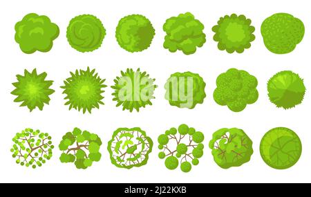 Green trees set. Aerial, plan or top view of park plants, bush, forest or garden. Vector illustrations for garden, landscape, map concept Stock Vector