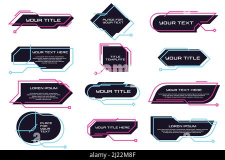 Different futuristic titles and banners flat icon set. Infographic callouts, line text and pop-up boxes vector illustration collection. Digital techno Stock Vector