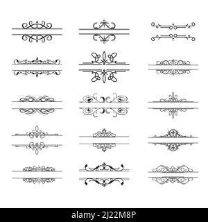 Vintage dividers set. Retro borders, frame element pairs, calligraphic decoration with swirls in royal style, elegant floral ornament for wedding invi Stock Vector