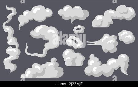 Steam clouds set. Various smoke shapes, comic fog or gas, exhaust fumes or explosion dust, vapor in motion. Isolated, cartoon vector illustrations on Stock Vector