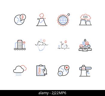 Global warming and ice melting problem - line design style icons Stock Vector