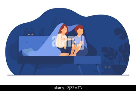 Children covering with blanket on bed isolated flat vector illustration. Cartoon afraid girl and boy watching ghosts and monsters in night room. Child Stock Vector