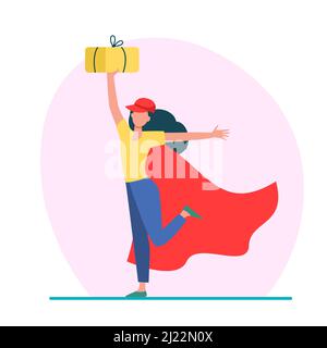 Cheerful female courier in superhero cape. Woman in baseball cap holding parcel flat vector illustration. Delivery, logistic service concept for banne Stock Vector